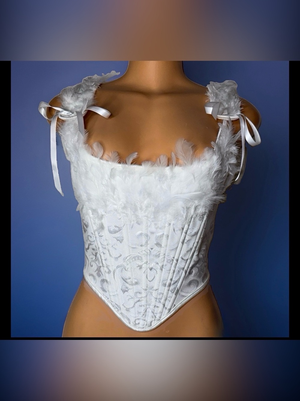 White Feather-Trimmed Brocade Corset Top - Women Intimates & Sleepwear